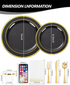 GATHER 350PCS Black Plastic Plates - Black and Gold Disposable Dinnerware Set Include 100 Plates, 150 Gold Silverware, 50 Napkins, 50 Cups for Party & Wedding & Birthday
