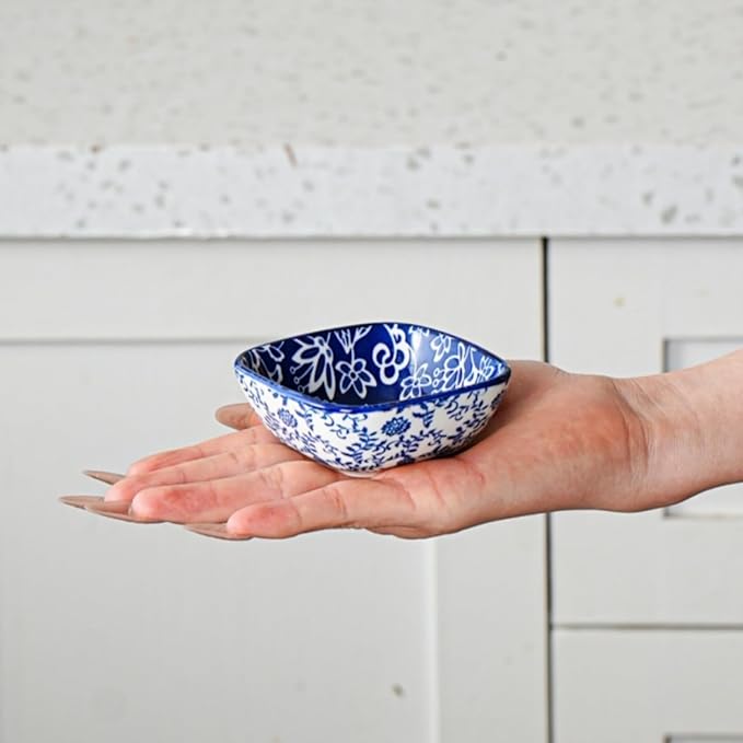 Square Dipping Bowls Set - Mini 2.6 OZ Ceramic Soy Sauce Dishes - 3 inch Small Bowls for Charcuterie, Condiments, Side Dish BBQ, Ramekins Pinch Bowls for Kitchen Prep - Set of 6 - Vintage Blue