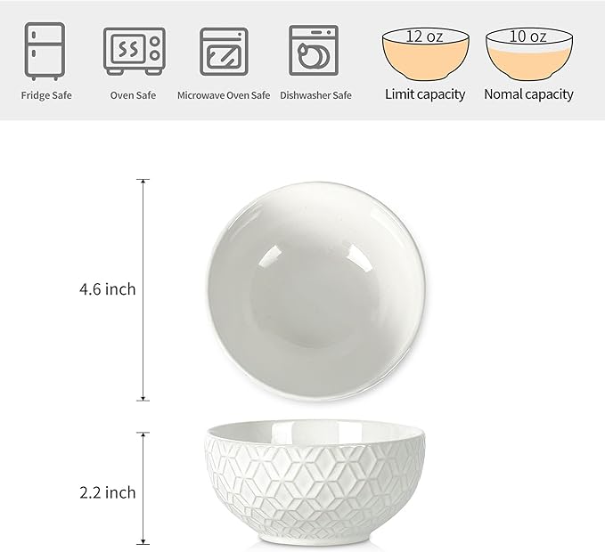 Sureasy Ceramic Ice Cream Bowls Set of 4-12 oz White Small Dessert Bowls for Kitchen, Perfect for Rice, Fruit and Sauce, Microwave & Dishwasher Safe