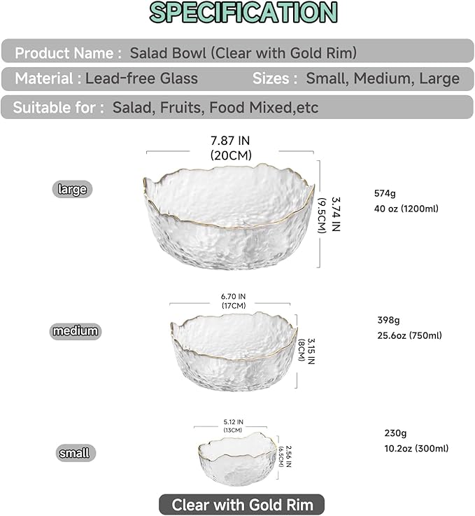 Glass Salad Bowl Irregular Lotus Flower Shape Serving Bowls, Mixing Nut Bowls for Kitchen Fruist, Snack, Dessert, and Ice Cream Candy Dishes (Crystal Clear with Gold Rim, Set of 3 (L,M,S))