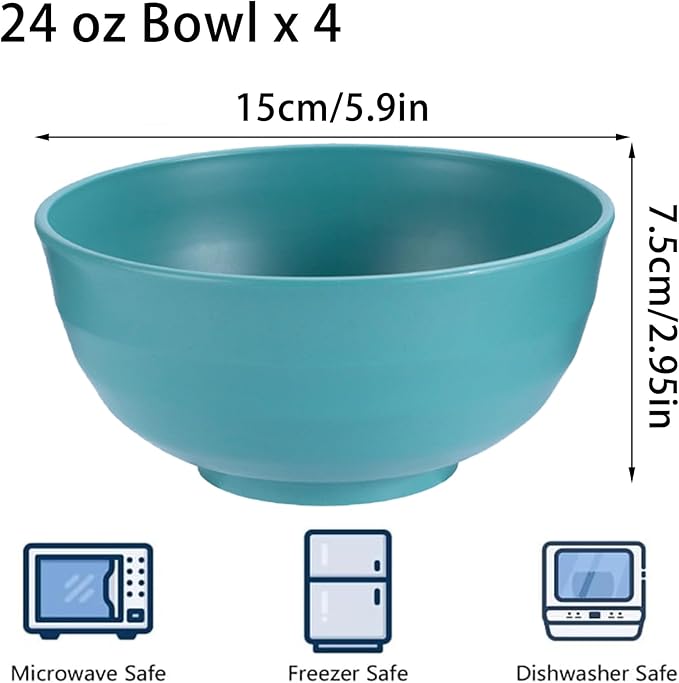 Unbreakable Wheat Straw Cereal Bowls Set of 4, 24 OZ Microwave and Dishwasher Safe Lightweight Soup and Salad Bowl Sets, Reusable Dessert Bowls for Rice, Pasta, Snack, Fruit, BPA Free (Dark Green)