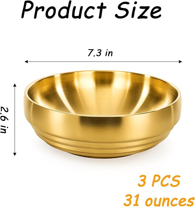 Frcctre 3 Pack 7.3 Inch Large Stainless Steel Bowls, 31 OZ Double Walled Insulated Bowls, Unbreakable Decorative Golden Bowl Serving Bowl for Salad Soup Noodle Friut Mixing, Dishwasher Safe