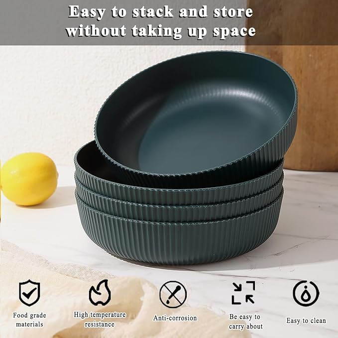 Kyraton Pasta Bowls Set of 4, 37oz Salad Bowls Soup Bowls Large Pasta Serving Bowl Plastic Unbreakable Serving Dishes Dinner Bowls (Dark Green)
