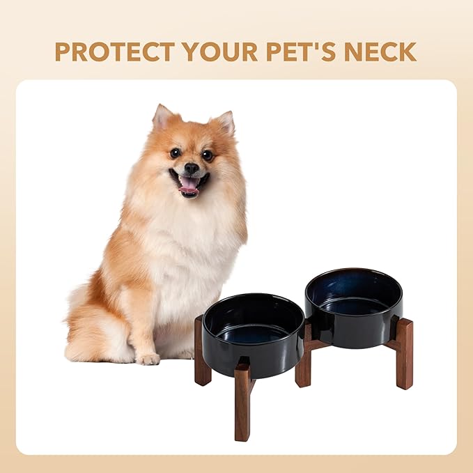 Havniva Ceramic 6.1inch Raised Double Dog Bowls Set with Acacia Wood Stand, 2 Heights Elevated, Food & Water Bowls for Small Dogs(28.2oz, Starry Sky)