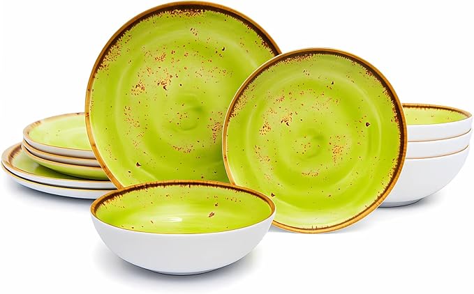 TP 12-Piece Melamine Dinnerware Sets, Plates and Bowls Dishes Set for 4, Break-Resistant & Non-Microwavable, Lightweight Dinner Plates, Green Swirl