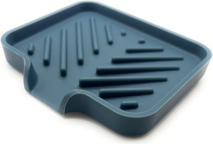 Happitasa Silicone Soap Dish Tray and Sponge Holder with Drain Chute and Feet | 3-Way Sloped Design | Bathroom and Kitchen Sink Organizer Caddy (Smoky Blue, 5"x4", 3.5 Ounces)