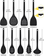 Silicone Cooking Utensils Set, 9 Pcs Heat Resistant Kitchen Utensils with Back Hooks, BPA Free Kitchen Tools with Spatulas, Spoons, Skimmer and Pasta Fork for Non Stick Cookware (BLACK)