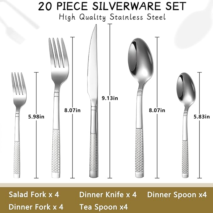 Silverware Set 20-Piece Stainless Steel Flatware Set for 4 Cutlery Utensil Sets Includes Forks Spoons Knives for Home Restaurant Hotel