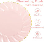 YOUBET 125Pieces Clear Pink Plastic Plates with Gold Rim - Gold Plastic Silverware Include 25 Dinner Plates 25 Dessert Plates 75 Golden Silverwares for Wedding Birthday & Parties Easter Mothers Day