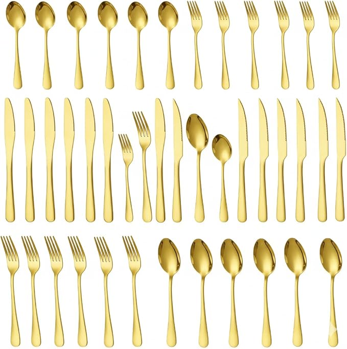 GPY Gold Silverware Set with Steak Knives, 36-Piece Stainless Steel Flatware Set Service for 6, Titanium Plated Gold Cutlery with Mirror Finish, Dishwasher Safe for Wedding, Party & Gift