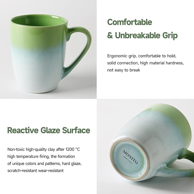 MONITO 14 OZ Coffee Mugs Set of 4, Large Ceramic Blue Coffee Mugs Set with handle for Tea/Latte/Milk/Cocoa, Funny Tea Cups for Office and Home, Engagement Gifts. (White-green)