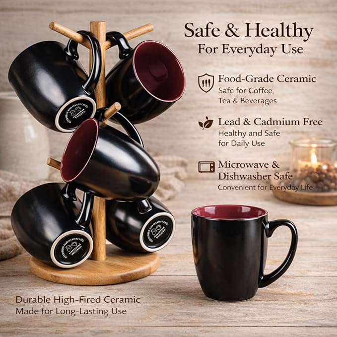 GBhome 12oz Coffee Mugs Set of 6, Large Ceramic Coffee Mugs for Man, Woman, Dad, Mom, Modern Coffee Mugs Set with handle for Tea/Latte/Cappuccino/Milk/Cocoa. Dishwasher&Microwave Safe,Red