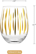 Joeyan Hand Blown Stemless Wine Glasses with Gold Dots Swirls Grids Strips Pattern for Red White Wine,Large Drinking Glass Cups,Wine Glass Tumblers for Wedding Party Home,Set of 4,17.5 oz