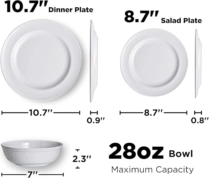 TP 12-Piece Melamine Dinnerware Sets, Plates and Bowls Dishes Set for 4, Break-Resistant & Non-Microwavable, Lightweight Dinner Plates, White