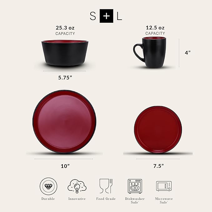 Stone Lain Albie Stoneware 32 Piece Modern Dinnerware Set, Plates and Bowls Sets, Service for 8, Red and Black, Microwave & Dishwasher Safe