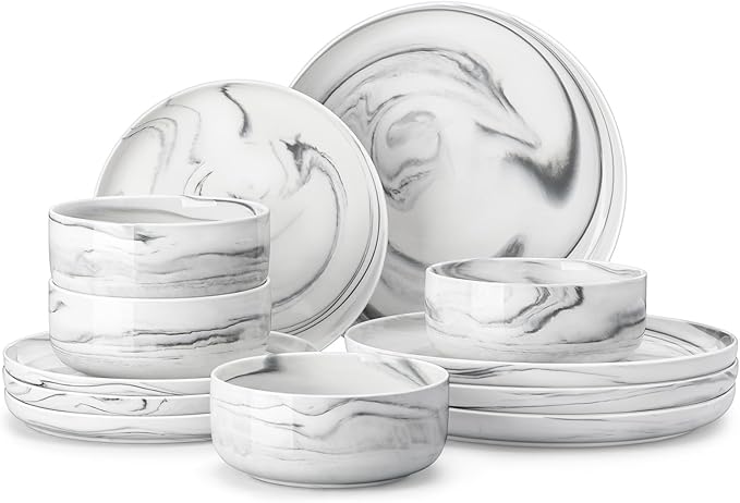 MALACASA Plates and Bowls Sets, 12 Pieces Porcelain Dinnerware Sets Dishware Sets Chip Resistant Ceramic Dish Set Dining Dinner Ware Service for 4, Marble Grey, Series LUNA