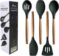 Miusco Non-Stick Silicone Cooking Utensils Set with Natural Acacia Hard Wood Handle, 5 Piece, High Heat Resistant (Green)