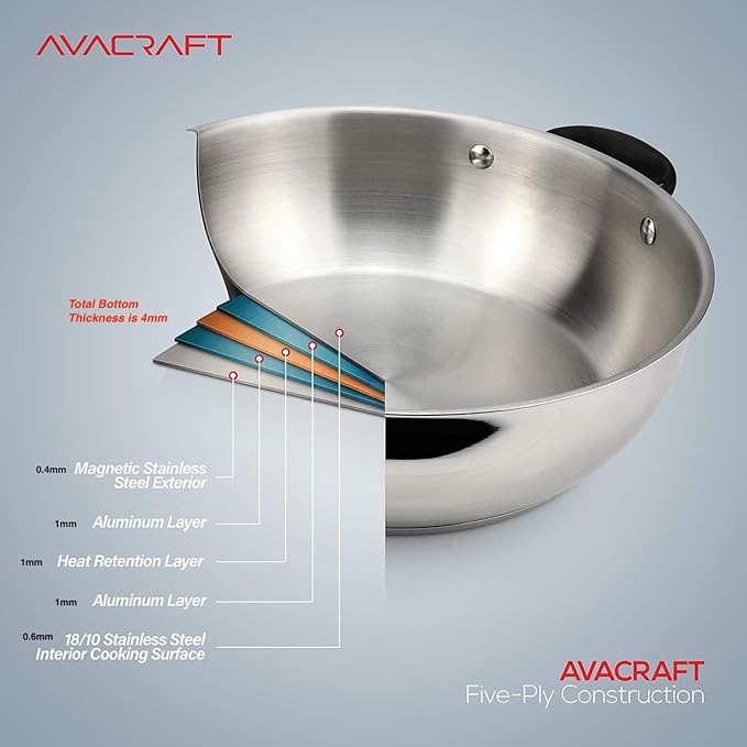 AVACRAFT 18/10 Stainless Steel Everyday Pan, Stir Fry, Five-Ply Base, Glass Lid, Multipurpose Stewpot Skillet, Saute, Casserole (11" Top Diameter, 8" Base Diameter)