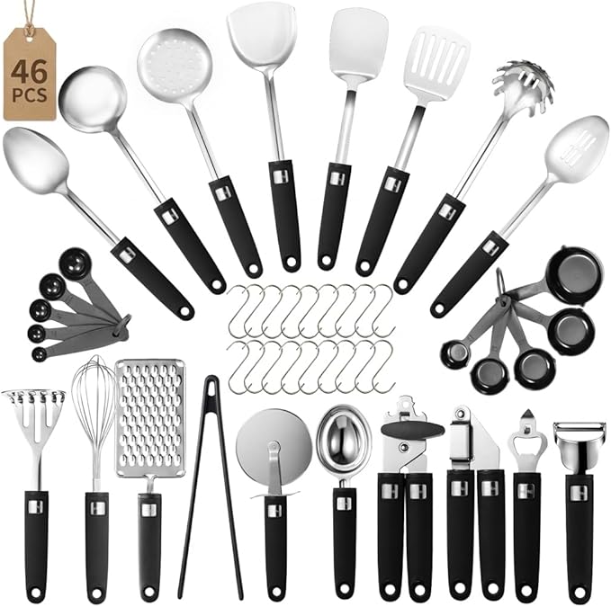 46Pcs 18/8 Stainless Steel Kitchen Utensils Set, Stainless Steel Cooking Utensils, Complete Tools with Metal Kitchen Gadgets for Beginner Cooks, Apartment Dwellers, Homemakers, Dishwasher Safe
