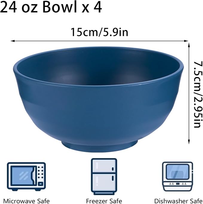 Unbreakable Wheat Straw Cereal Bowls Set of 4, 24 OZ Microwave and Dishwasher Safe Lightweight Soup and Salad Bowl Sets, Reusable Dessert Bowls for Rice, Pasta, Snack, Fruit, BPA Free
