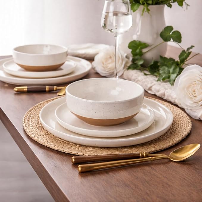 GBHOME 24-Piece Ceramic Dinnerware Set for 6, Handpainted Plates, Pasta Bowls & Bowls Set with Rustic Terracotta Underside, Scratch-Resistant, Dishwasher & Microwave Safe,Speckled Glaze Beige