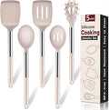 5Pcs Silicone Cooking Utensils Set, Heat Resistant Kitchen Tools Include Solid&Slotted Spatula, Cooking Spoon and Pasta Server, Silicone Kitchen Utensils set for Nonstick Cookware Flipping, Khaki