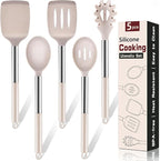 5Pcs Silicone Cooking Utensils Set, Heat Resistant Kitchen Tools Include Solid&Slotted Spatula, Cooking Spoon and Pasta Server, Silicone Kitchen Utensils set for Nonstick Cookware Flipping, Khaki