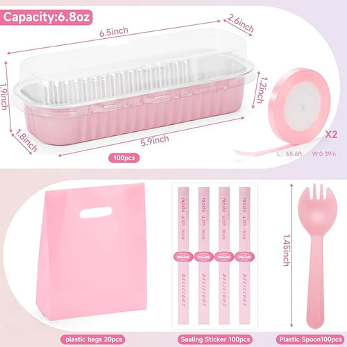 6.8oz Mini Loaf Pans with Lids, 100 Pcs Disposable Rectangular Aluminum Cake Pans, Pink Baking Pans with Lids and Spoons, Includes 20 Pink Gift Bags, Small Cake Tins Ideal for Cakes