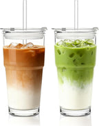 INSETLAN 20oz Clear Glass Cup with Lid and Glass Straw, Set of 2 Thickened Glass Coffee Tumblers, Drinking Glasses with Straw for Smoothie, Tea, Milk, Whiskey, Water and More – Elegant & Durable