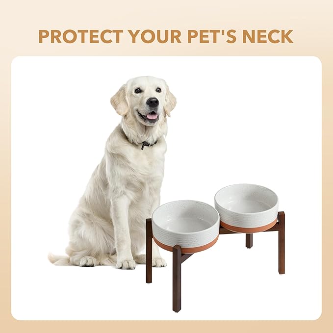 Havniva Ceramic 8.2inch Raised Double Dog Bowls Set with Acacia Wood Stand, Food & Water Bowls for Large Breed Dogs, Weighted Pet Dishes(60oz, Vanilla White)