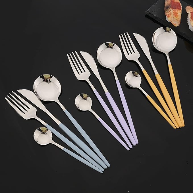 JASHII Flatware Set 24 Piece, Stainless Steel Silverware Set, Macaron Small Fresh Color Cutlery Set, Modern Elegant Tableware Set for Party, Christmas, Dinner (Purple Silver)