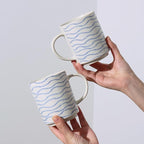 Ceramic Mugs Set of 6, 17oz Coffee Mugs with Handpainted Blue Stripe Pattern, Modern Stackable Coffee Cups, Dishwasher and Microwave Safe Mugs for Coffee, Tea, Milk