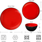 TP 12-Piece Melamine Dinnerware Sets, Plates and Bowls Dishes Set for 4, Break-Resistant & Non-Microwavable, Lightweight Dinner Plates, Matt Black and Red