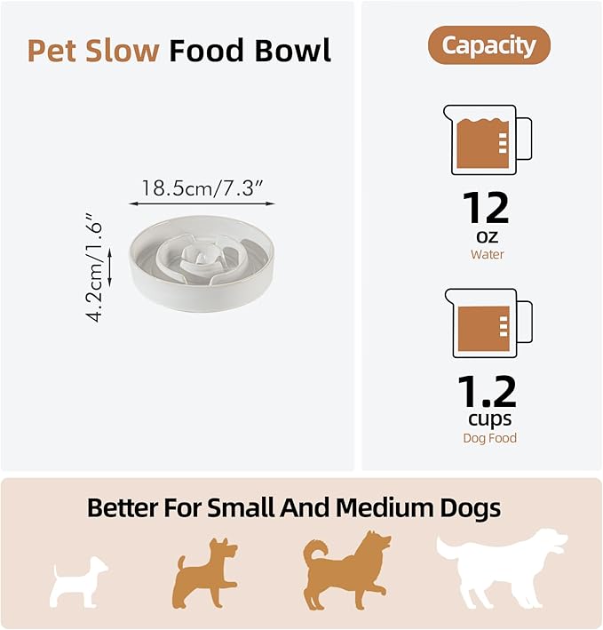 Havniva Ceramic 1.2 Cup Dog Bowl Slow Feeder for Medium and Small Dog, 7.3inch Pet Slow Dish, Stop Bloat, Preventing Choking(Single Bowl, Reactived Glaze -White)