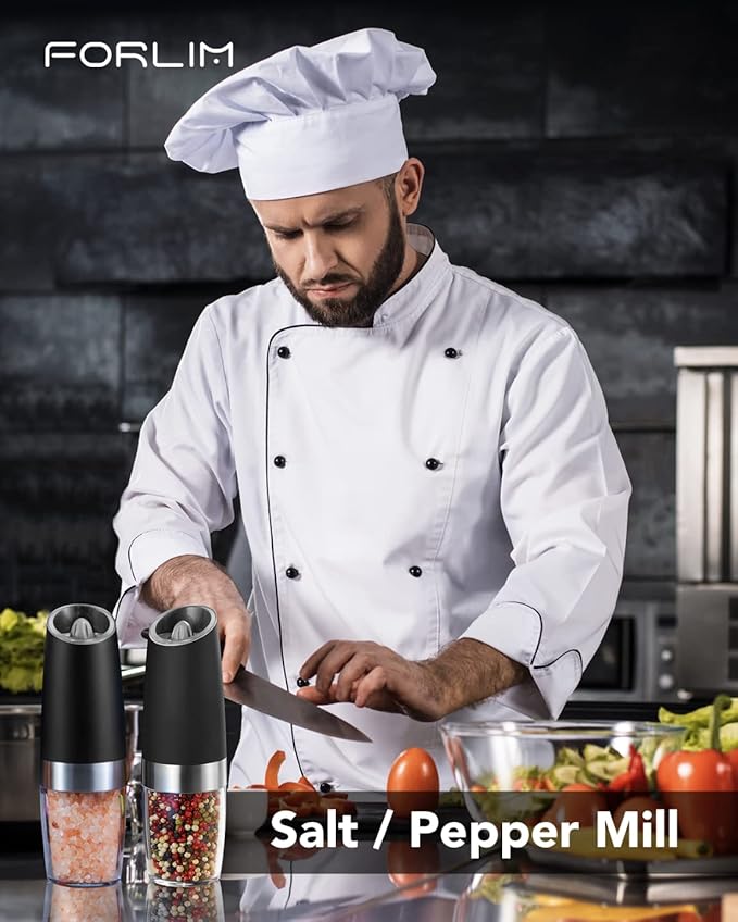 FORLIM Gravity Electric Salt and Pepper Grinder Set, Automatic Pepper Grinder Shakers Mill, Upgraded Batteries Powered Adjustable Coarseness with LED, One Hand Operation Perfect for Kitchen(Black)