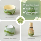 Matcha Whisk Set, 7Pcs Matcha Set with Hand-Painted Ceramic Matcha Bowl, Matcha Whisk and Holder, Scoop and Rest, Sifter, Tea Towel, Artisan Matcha Kit for Ceremony & Gifting (Green)