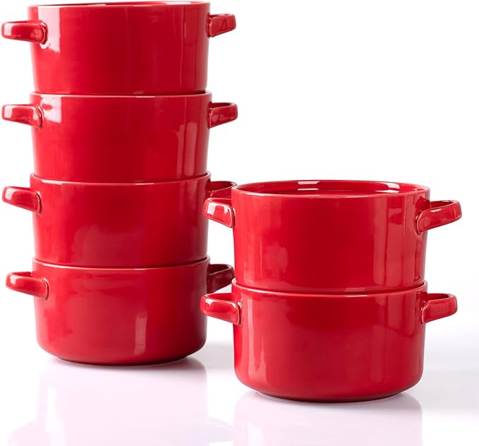 DELLING French Onion Soup Bowls with Handles Set of 6-24 oz Ceramic Soup Crocks Oven Safe, Porcelain Soup Bowl for Chili, Stew, Cereal - Red Stackable Microwave Dishwasher Safe