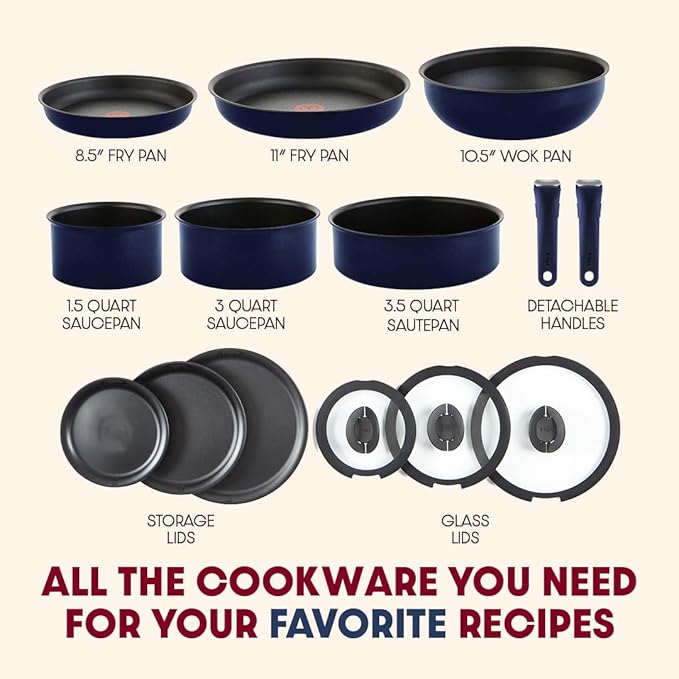 T-fal Ingenio Expertise Non Stick Cookware Set 14 Piece, Induction Oven Broiler Safe 500F, Detachable/Removable Handle, Kitchen, Pots and Pans, RV, Camping, Fry Pans, Saucepans, Dishwasher Safe, Blue