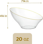 PLASTICPRO Angled Plastic Bowls Disposable Medium Plastic Clear Serving Bowls with Gold Rim for Party for Appetizer Salads Pack of 4