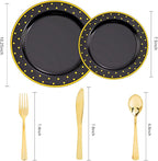 DaYammi 200Pcs Gold and Black Plastic Plates with Silverware,Black Disposable Plates for Party Black Gold Supplies Includes 40 Dinner Plate,40 Dessert Plate,40 Forks,40 Knives,40 Spoons for Party