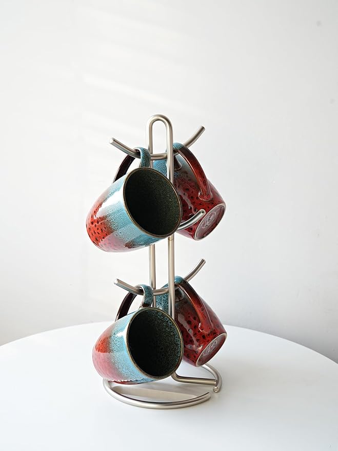 Bosmarlin Ceramic Coffee Mug Set of 4, 17 Oz, Coffee Cups with Big Handle, Microwave Safe, Unique Reactive Glaze (Blue&Red)