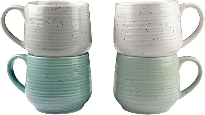 Sango Siterra Artist's Blend 17 oz. Stoneware Mug Set- Service for 4, Rustic Design, Green/White/Beige, Scratch-Resistant, Microwave & Dishwasher Safe, for Everyday Dining & Entertainment