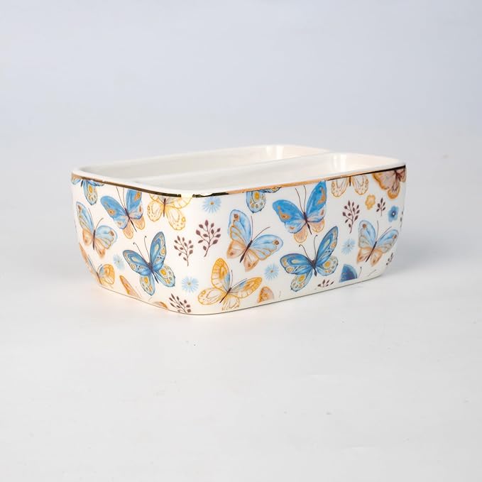 2 Compartments Ceramic Sponge Holder for Kitchen Sink, Cute Floral Countertop Dish Sponges Holder Soap Sink Organizer Farmhouse Caddy (Butterfly)