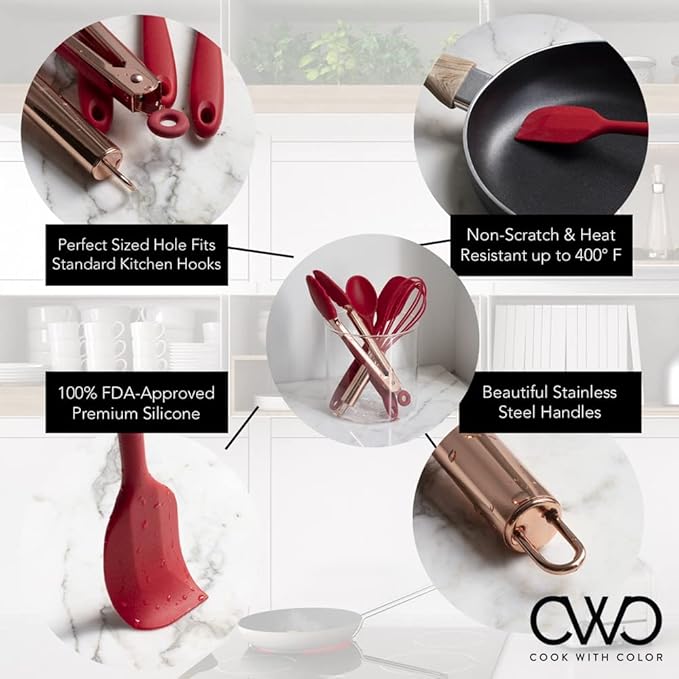 COOK WITH COLOR Silicone Cooking Utensils, Kitchen Utensil Set, Easy to Clean Silicone Kitchen Utensils, Cooking Utensils for Nonstick Cookware, Kitchen Gadgets Set, Mini, Red