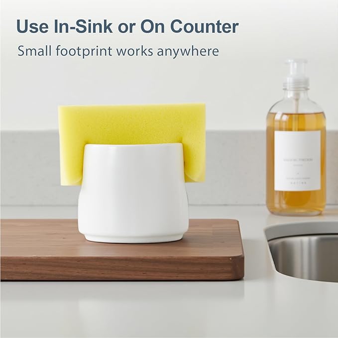 ONEMORE Ceramic Sponge Holder for Kitchen Sink, Kitchen Sink Organizer with Drain, Dish Sponge and Soap Holder for Sink Counter, Cute Corner Ceramic Sponge Holder, In Sink Sponge Storage, White