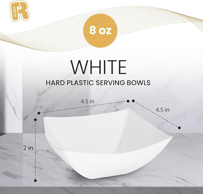 R-kay 6 Pack Square Plastic Serving Bowls - White Small Plastic bowls 8 oz, Premium White Bowls For Weddings Catering And Birthday parties
