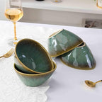 Henten Home Ceramic 20 oz Salad Bowls Set, Slanted Snack Bowl Set of 4, Porcelain Serving Bowls for Soup, Dessert, Microwave & Dishwasher Safe, Reactive Glaze (Green)
