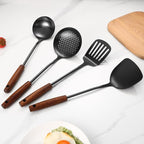 304 Stainless Steel Kitchen Utensils Set, 4 Pcs Long Cooking Utensils Set with Wooden Handle, Large Heat Resistant Kitchen Tools(Black, Dishwasher Safe)