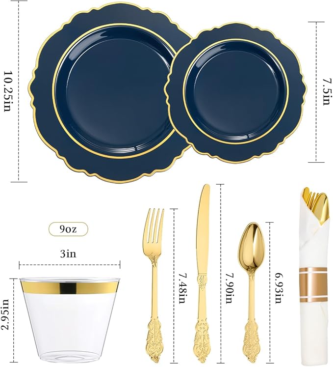 realluck 350 Piece Navy Blue Plastic Dinnerware Set for 50 Guests Elegant Baroque Disposable Dinnerware for Weddings, Parties, 100 Plastic Plates, 50 Pre Rolled Napkins with Silverware, 50 Cups