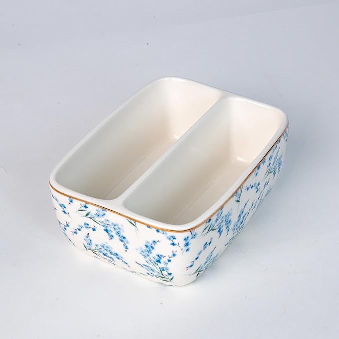 2 Compartments Ceramic Sponge Holder for Kitchen Sink, Cute Floral Countertop Dish Sponges Holder Soap Sink Organizer Farmhouse Caddy Blue Flowers